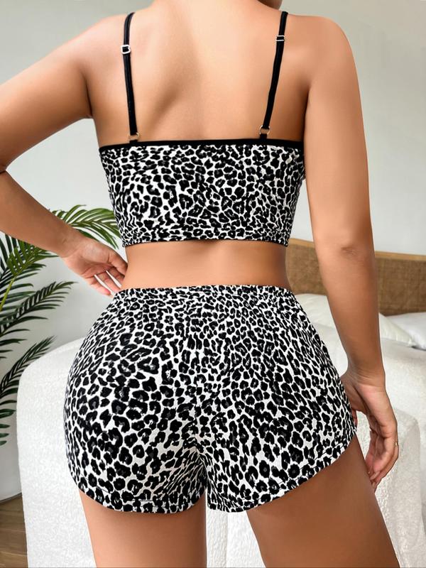 Women's Leopard Print Contrast Binding Crop Cami Top & Elastic Waist Shorts Pyjama Two-Piece Set, Adjustable Spaghetti Strap Camisole & Bow Decor Shorts PJ Set, Casual Comfortable Loungewear Set for Women, Fall Wear, Fallfreshness