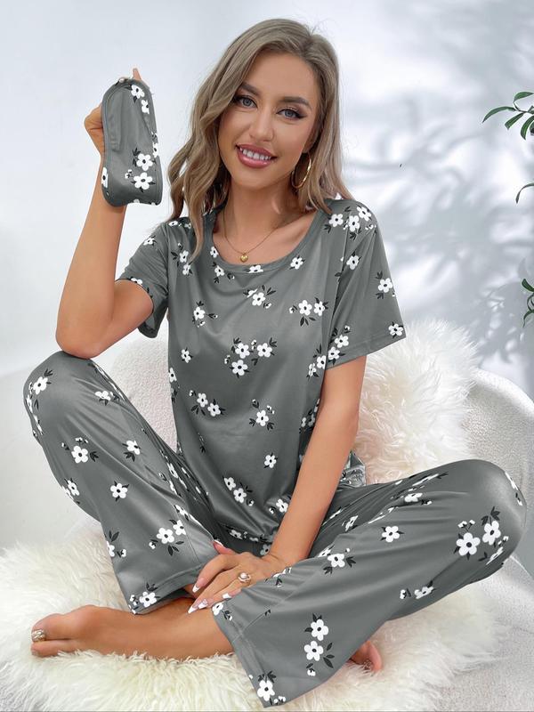 2 4 6 Counts Women's Floral Print Tee & Elastic Waist Pants Pyjama Set With Eye Cover, Casual Round Neck Short Sleeve T-Shirt & Trousers PJ Set, PJ Sets for Women, Women's Sleepwear & Loungewear, Ladies PJ Co-ord Set