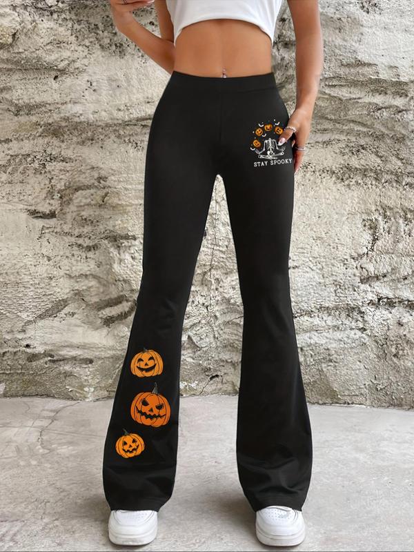 Women's  Letter & Pumpkin & Skeleton Print Flare Leg Leggings, Halloween Themed Casual Comfy Elastic Waist Bell Bottom Skinny Trousers for Daily Wear, Ladies Bottoms for All Seasons, Leggings for Women