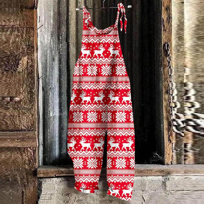 Women's Christmas Snowman Print Adjustable Strap Jumpsuit Wide Leg Rompers Loose Casual Bib Overalls Strappy Dungarees Onesie