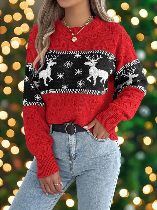 Women's Christmas Reindeer Print Drop Shoulder Sweater Pullover, Casual Long Sleeve Round Neck Jumper for Fall & Winter, Fashion Ladies' Knitwear for Daily Wear