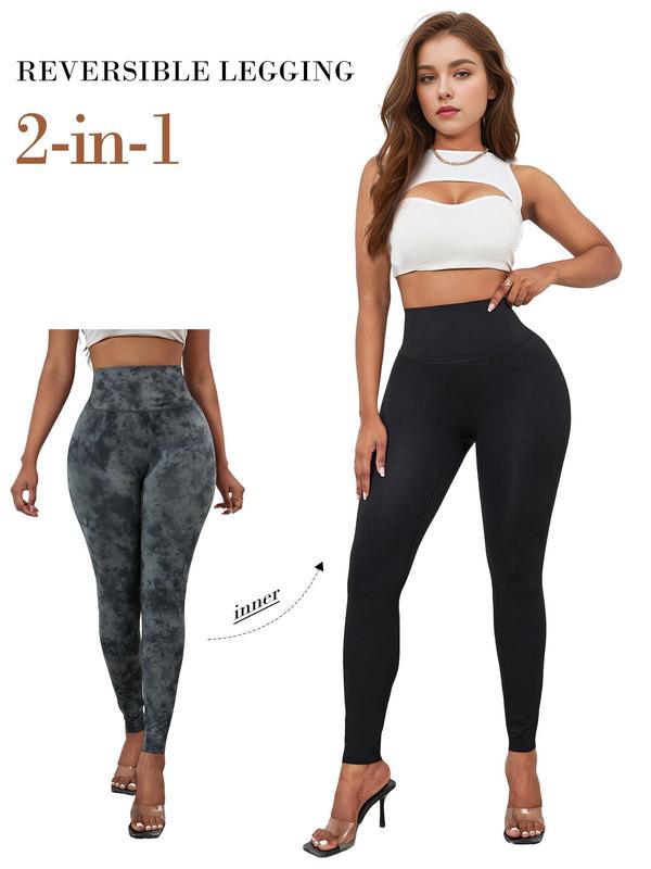 Women's Tie Dye & Camo Print Reversible High Waist Shapewear Leggings, Casual Comfy Breathable High Stretch Skinny Pants for Daily Wear, Body Shapewear, Ladies Shapewear Bottoms for All Seasons