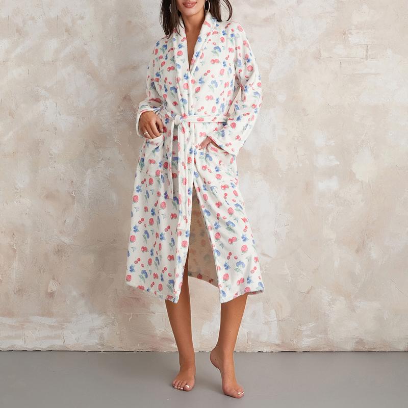 Women Y2k Fruit Robe Fleece Shawl Collar Bathrobe with Belt Cozy Spa Long Robe Open front Nightgown Loungewear