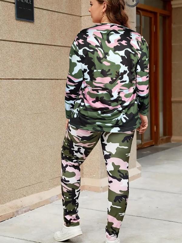  Two-Piece Set All Over Camo Print Drop Shoulder Tee & Elastic Waist Pants Set, Casual Fashion Cozy Breathable Outfits for Daily Outdoor Wear, Women Clothing for All Seasons