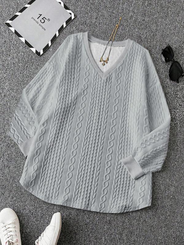 Women's Plain V Neck Long Sleeve Tee, Casual Solid T-shirt for Spring & Fall, Women's Top for Daily Wear