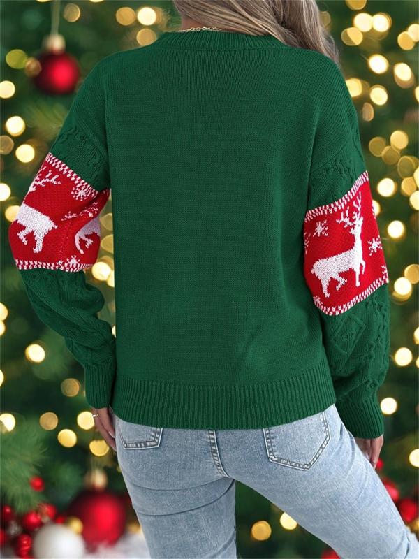 Women's Christmas Reindeer Print Drop Shoulder Sweater Pullover, Casual Long Sleeve Round Neck Jumper for Fall & Winter, Fashion Ladies' Knitwear for Daily Wear