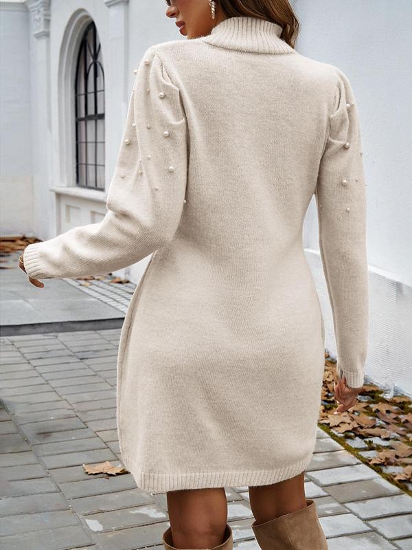 Women's Plain Faux Pearl Decor Puff Sleeve Bodycon Sweater Dress, Elegant Long Sleeve Stand Collar Knit Dress for Fall & Winter, Women's Knitwear for Daily Wear