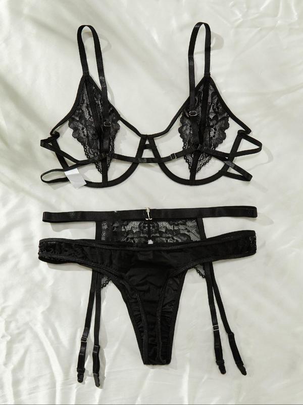  Contrast Lace Cut Out Bra & Thong & Garter Belt Set, Sexy Lingerie Three-Piece Set, Women's Nightwear Set for All Seasons