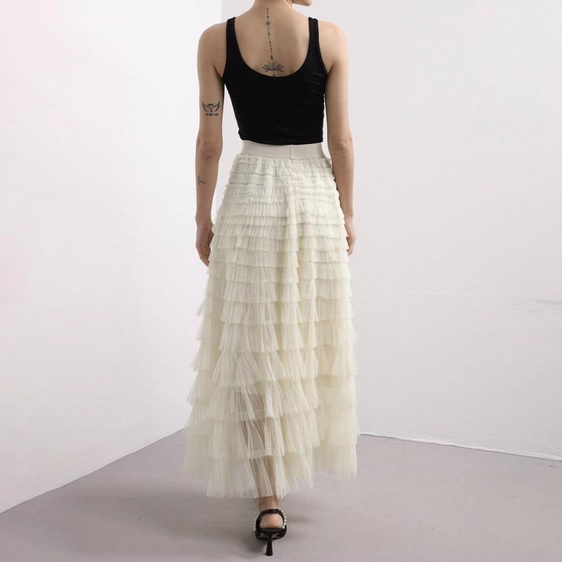 Tulle Long Skirt for Women Layered Ruffle Tutu Skirt Elastic Tiered Pleated Mesh A-Line Midi Skirts Prom Wedding