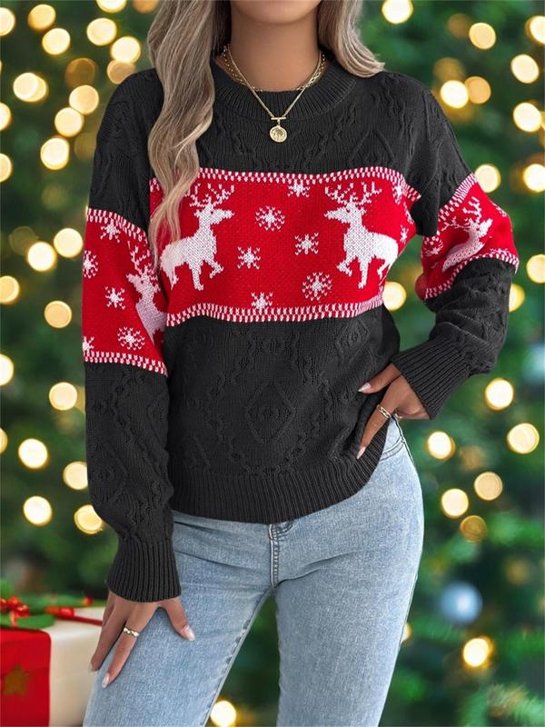 Women's Christmas Reindeer Print Drop Shoulder Sweater Pullover, Casual Long Sleeve Round Neck Jumper for Fall & Winter, Fashion Ladies' Knitwear for Daily Wear