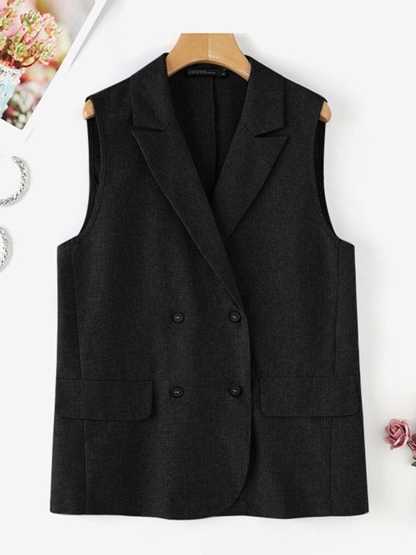 Women's Solid Double Button Lapel Vest Blazer, Casual Sleeveless Outerwear for Daily Wear, Ladies Clothes for All Seasons