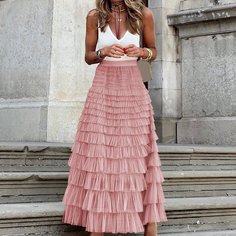 Tulle Long Skirt for Women Layered Ruffle Tutu Skirt Elastic Tiered Pleated Mesh A-Line Midi Skirts Prom Wedding