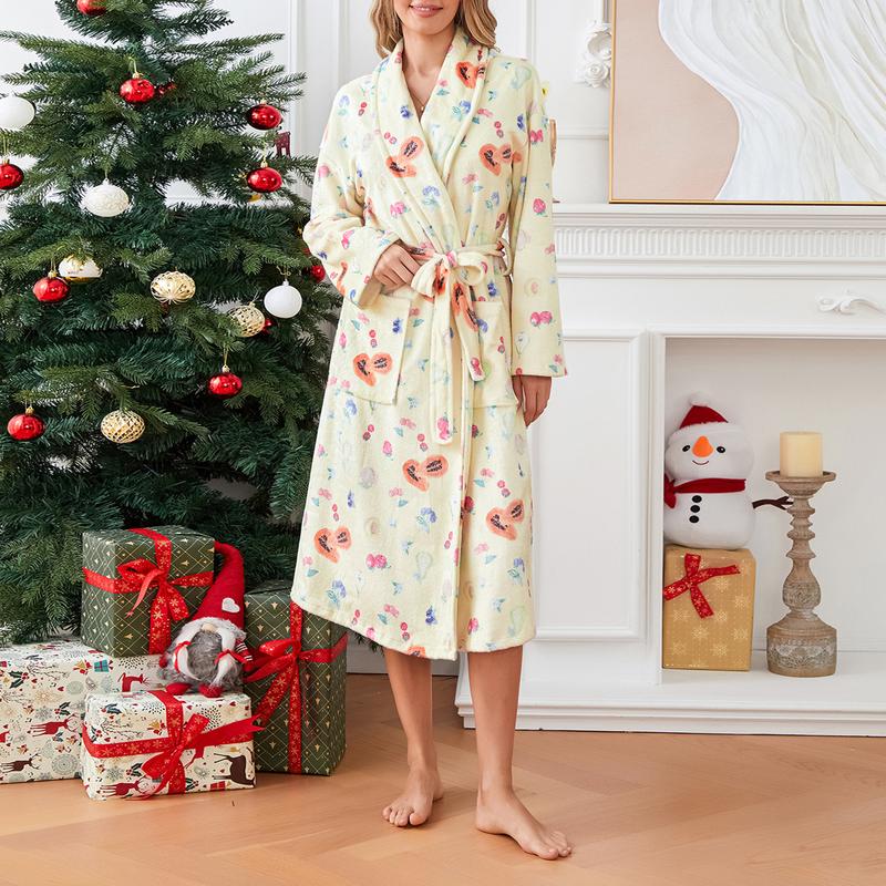 Women Y2k Fruit Robe Fleece Shawl Collar Bathrobe with Belt Cozy Spa Long Robe Open front Nightgown Loungewear