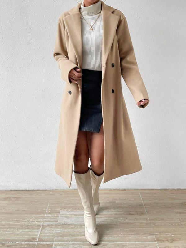 Women's Solid Double Button Lapel Woolen Coat, Casual Long Sleeve Coat for Fall & Winter, Women's Clothing for Daily Wear