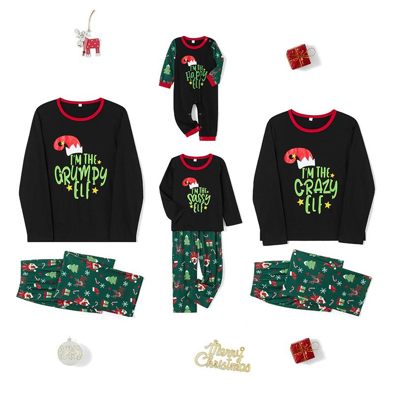 Matching Christmas Pajamas For Family Long Sleeve Cartoon Elf Hat Print Tops + Cartoon Pants Set Winter Sleepwear