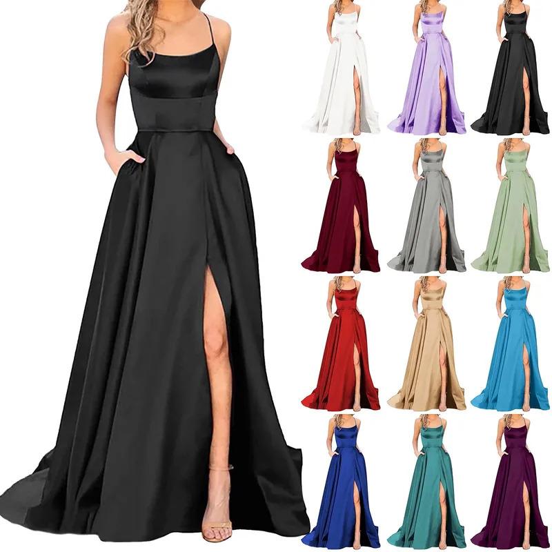 Prom dresses women long elegant backless long dresscrisn satin spaghetti party prom dresses side slit wedding evening dress