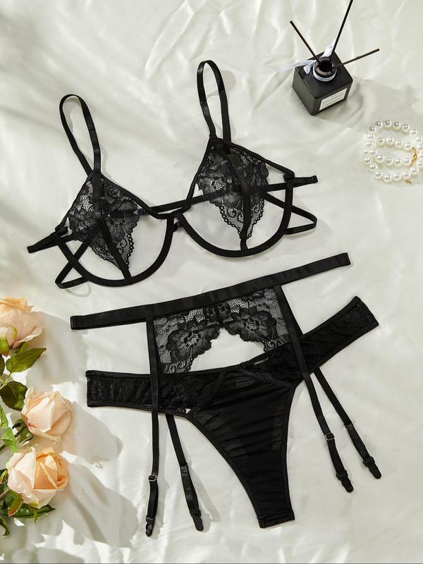  Contrast Lace Cut Out Bra & Thong & Garter Belt Set, Sexy Lingerie Three-Piece Set, Women's Nightwear Set for All Seasons