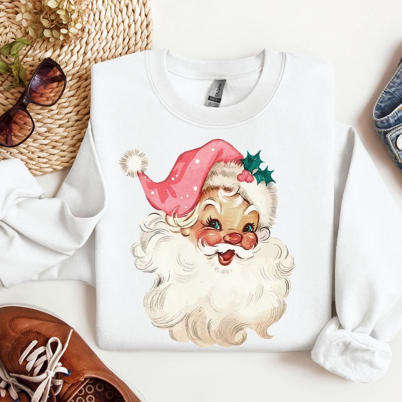 Pink Santa Retro Christmas Sweatshirt for Women Pink Christmas Matching Family Sweaters Pink Vintage Holiday Crewneck Matching Group Party Cotton Fabric