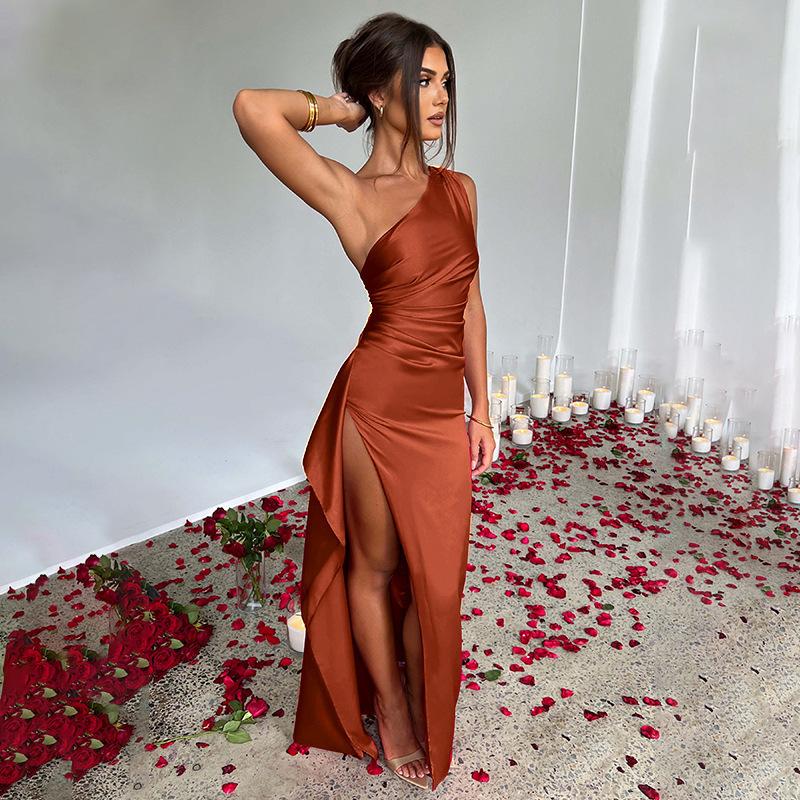 Summer new style design temperament Sexy Slim shoulder split satin dress women