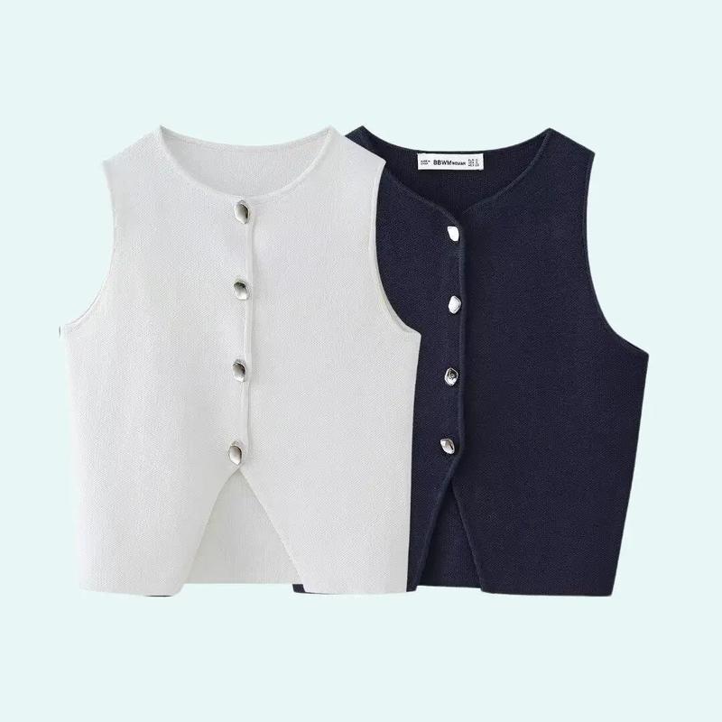 Willshela Scoop Neck Splie Hem Cropped Knit Waistcoat Casual Comfort Lady vest blazer babe Womenswear Button Elegant sleeveless pretty garden Chic Fitted Knitting