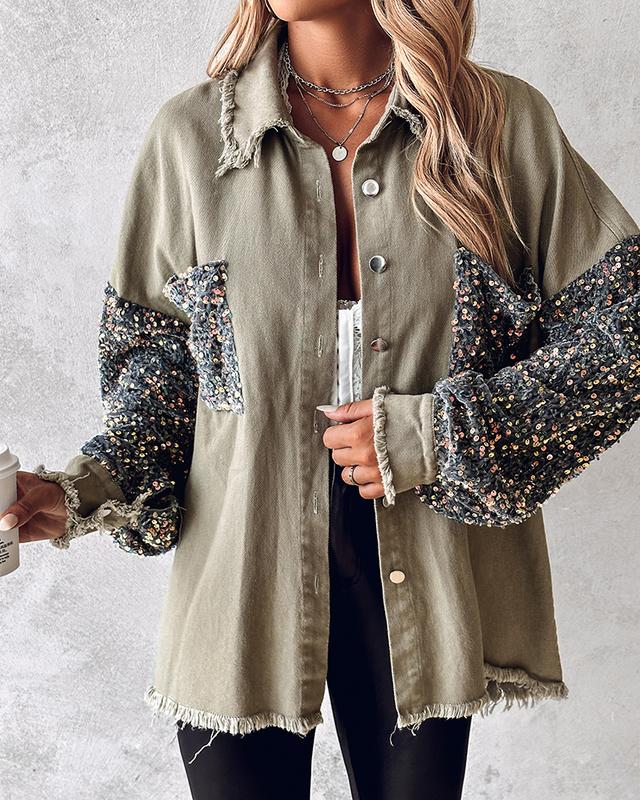 Chicme Contrast Sequin Raw Hem Shacket luxury outerwear sequins hacket Collar Collared Women's Corduroy plaid  shirt Women's Double Button Lapel Coat