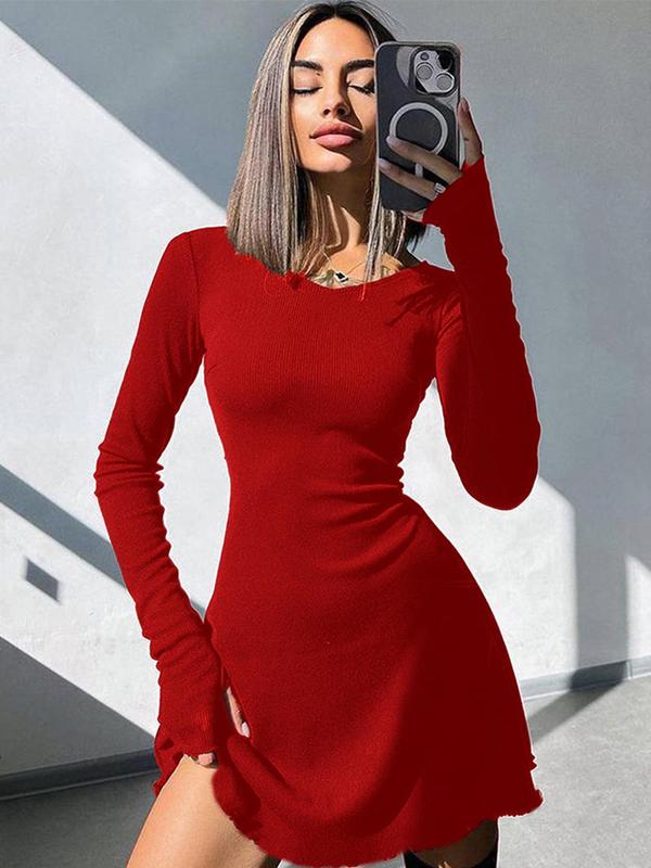 Women's Plain Lace Up Tie Back Ribbed Dress, Casual Long Sleeve Round Neck A Line Short Dress for Spring & Fall, Women's Clothing for Daily Wear