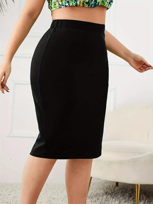 Plus Size Plain Split Hem Bodycon Skirt, Elegant High Waist Knee Length Skirt for Work Office Business, Women's Bottoms for Summer