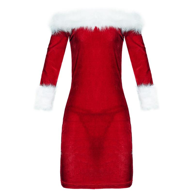 Women Christmas Santa Cosplay Dress Plush Trim Patchwork Boat-Neck Off-Shoulder Long Sleeve Dress Stage Show Party Costume Womenswear Check