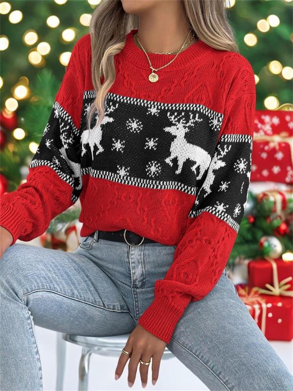 Women's Christmas Reindeer Print Drop Shoulder Sweater Pullover, Casual Long Sleeve Round Neck Jumper for Fall & Winter, Fashion Ladies' Knitwear for Daily Wear