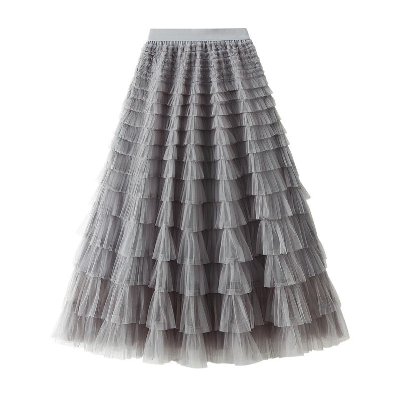 Tulle Long Skirt for Women Layered Ruffle Tutu Skirt Elastic Tiered Pleated Mesh A-Line Midi Skirts Prom Wedding