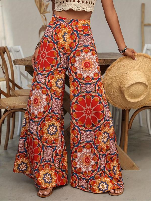 Women's All Over Floral Print Wide Leg Pants, Boho Casual High Waist Trousers for Spring & Fall, Women's Bottoms for Daily Wear