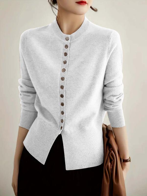 Women's Solid Button Front Cardigan, Casual Long Sleeve Round Neck Cardigan for Spring & Fall, Fashion Women's Knit Clothing for Daily Wear