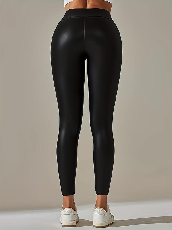 Women's Solid PU Leather Leggings, Casual Comfy High Waist Skinny Pants for Daily Wear, Ladies Bottoms for All Seasons