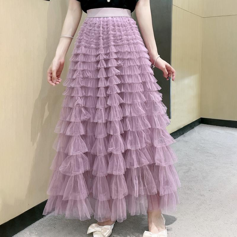 Tulle Long Skirt for Women Layered Ruffle Tutu Skirt Elastic Tiered Pleated Mesh A-Line Midi Skirts Prom Wedding