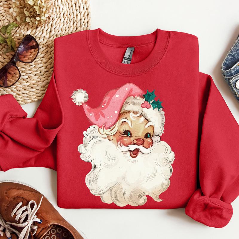 Pink Santa Retro Christmas Sweatshirt for Women Pink Christmas Matching Family Sweaters Pink Vintage Holiday Crewneck Matching Group Party Cotton Fabric