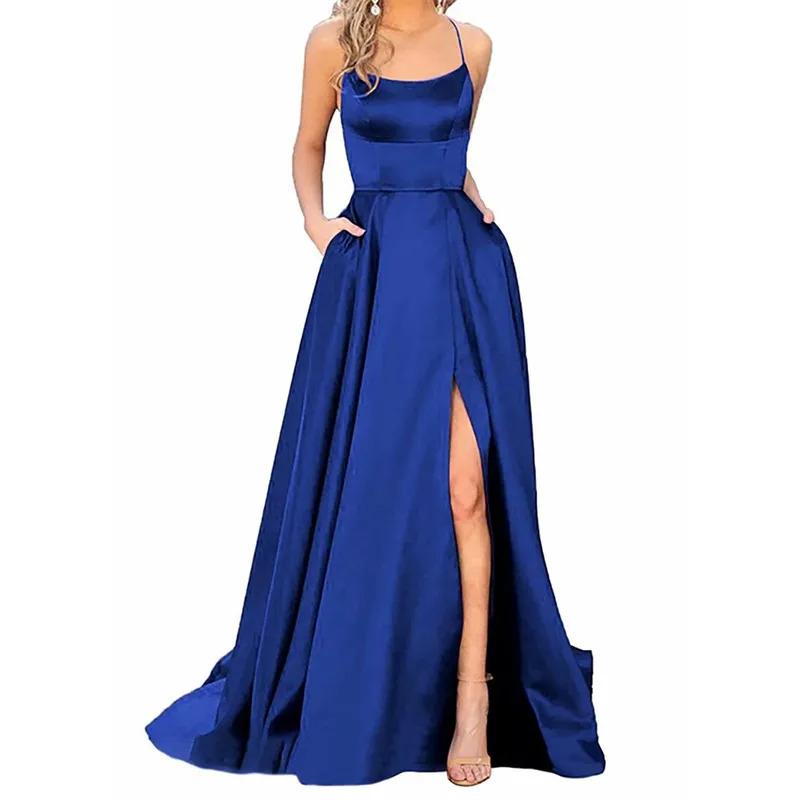 Prom dresses women long elegant backless long dresscrisn satin spaghetti party prom dresses side slit wedding evening dress