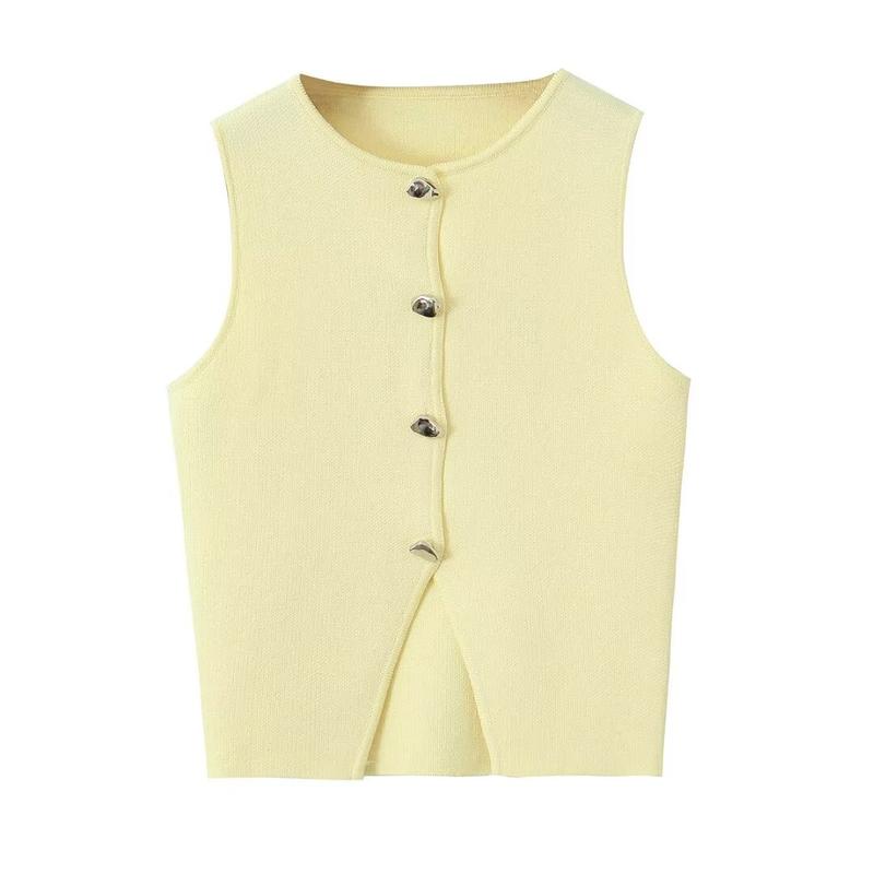 Willshela Scoop Neck Splie Hem Cropped Knit Waistcoat Casual Comfort Lady vest blazer babe Womenswear Button Elegant sleeveless pretty garden Chic Fitted Knitting