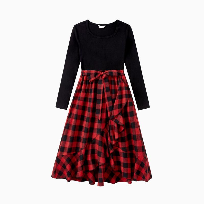 PatPat Matching Family Outfits Black and Red Plaid Co-ord Sets Hi-Low Flowy Hemline