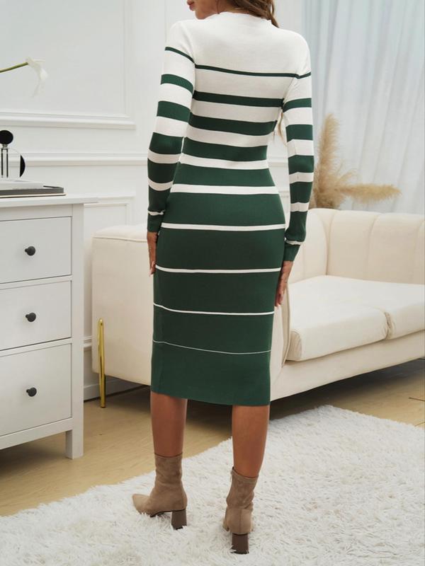 Women's Colorblock Striped Print Bodycon Dress, Elegant Long Sleeve Round Neck Midi Dress for Fall & Winter, Holiday Dress, Women's Clothing for Daily Wear