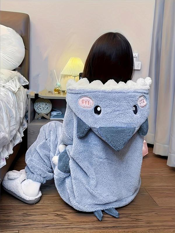 Women's Cartoon Shark Design Pocket Drop Shoulder Plush Loungewear Onesie, Casual Cute Long Sleeve Hooded Pj Onesie for Fall & Winter,  Women Nightwear, Night Gown for Women, Lady's Sleepwear for Indoor Wear, 90s Clothes Onesies Pajama