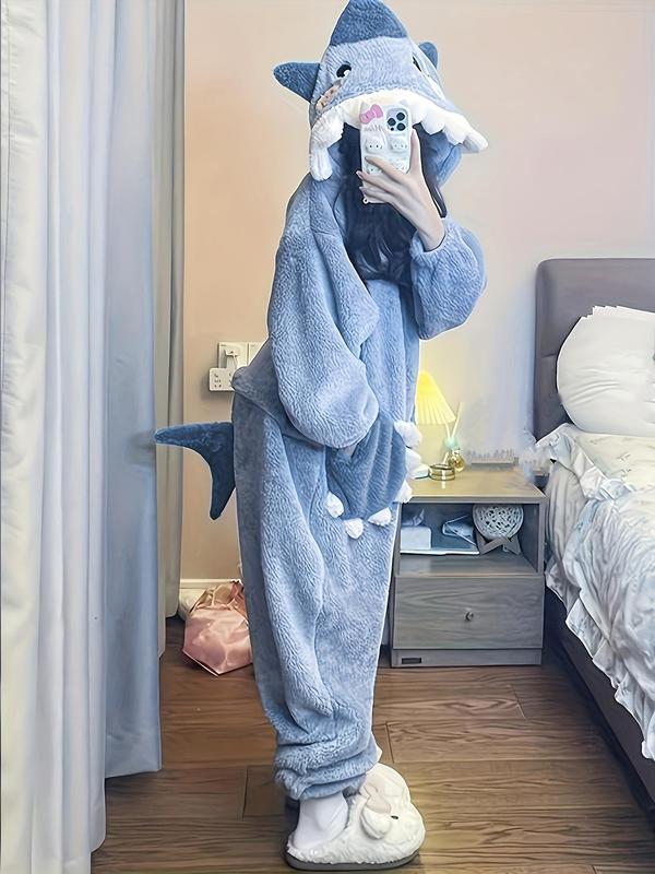 Women's Cartoon Shark Design Pocket Drop Shoulder Plush Loungewear Onesie, Casual Cute Long Sleeve Hooded Pj Onesie for Fall & Winter,  Women Nightwear, Night Gown for Women, Lady's Sleepwear for Indoor Wear, 90s Clothes Onesies Pajama