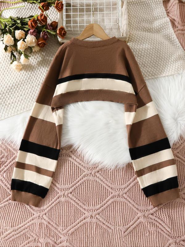 Women's Striped Print Super Crop Sweater, Casual Extra-long Sleeve Crew Neck Jumper, Going Out Outfits 2024, This sweater is recommended to be paired with camisole or any other inner top.