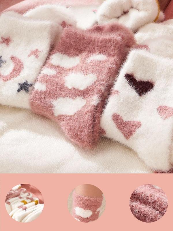 Women's Random Color Heart & Striped Print Fuzzy Socks, Cute Thicker Warm Mid-Calf Socks for Fall & Winter, Women's Socks for Daily Wear