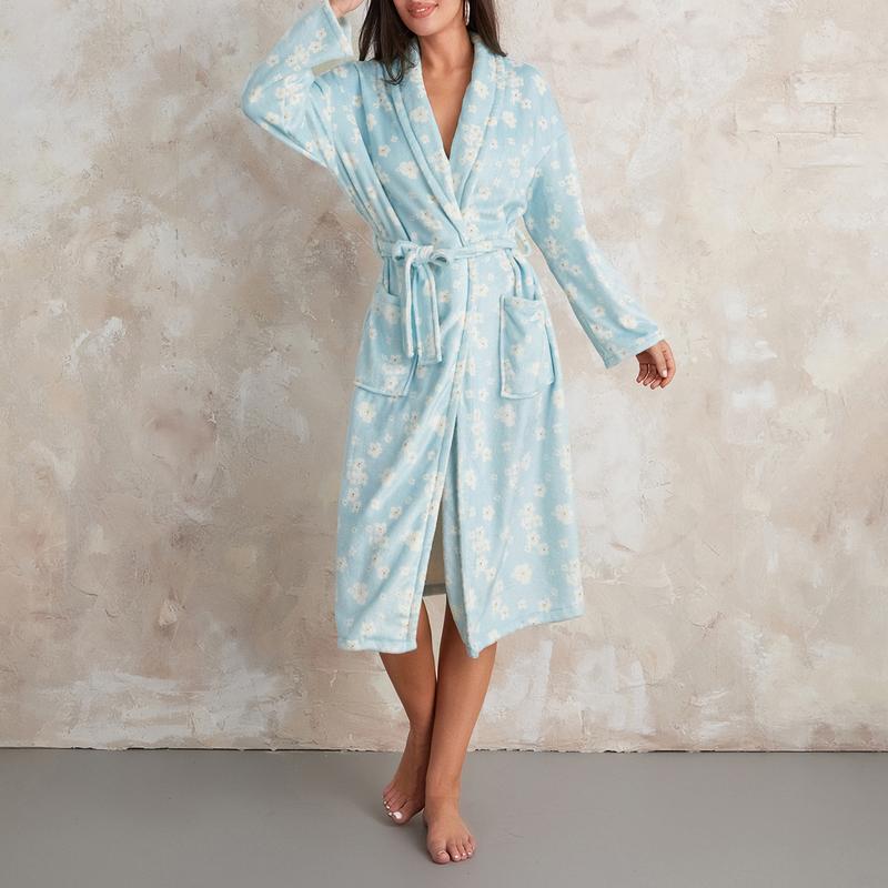 Women Y2k Fruit Robe Fleece Shawl Collar Bathrobe with Belt Cozy Spa Long Robe Open front Nightgown Loungewear