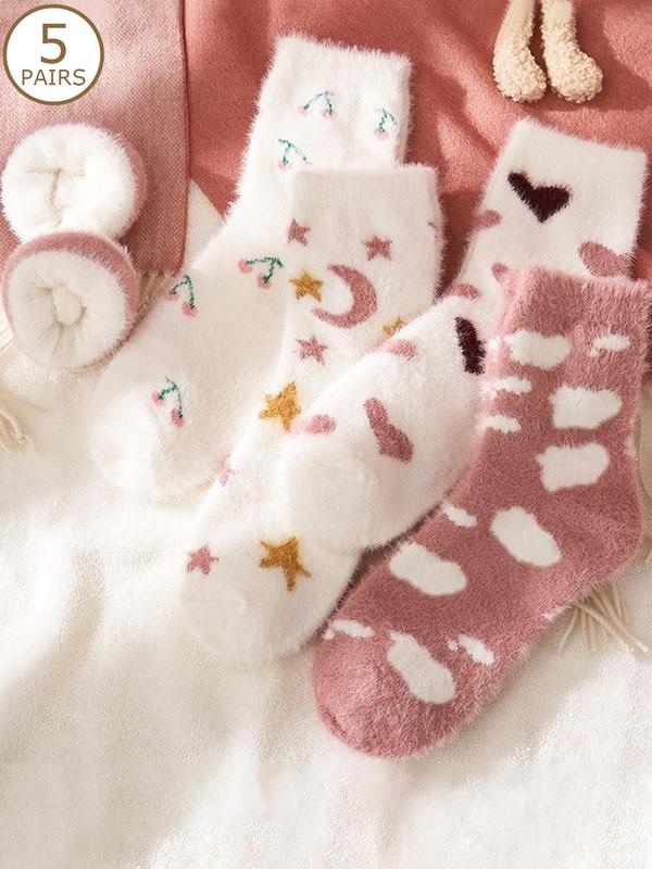 Women's Random Color Heart & Striped Print Fuzzy Socks, Cute Thicker Warm Mid-Calf Socks for Fall & Winter, Women's Socks for Daily Wear