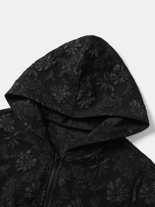 Plus Size Floral Print Tie Front Hooded Jacket, Casual Long Sleeve Zip Up Outerwear for Fall & Winter, Women's Clothes for Daily Wear