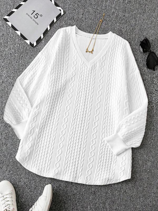 Women's Plain V Neck Long Sleeve Tee, Casual Solid T-shirt for Spring & Fall, Women's Top for Daily Wear