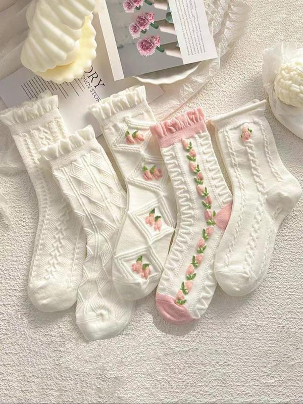 Women's 5 Pairs Elegant Style Floral Detail Frill Trim Crew Socks, Womenswear Fashion Casual Chic Comfort Socks for Daily Outdoor Wear, Lady Socks for All Seasons