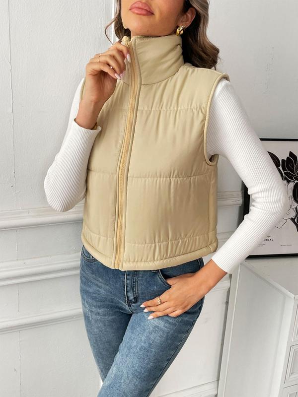 Women's Solid Zip Up Thermal Lined Vest Jacket, Casual Sleeveless Collared Outerwear for Fall & Winter, Women's Clothes for Daily Wear