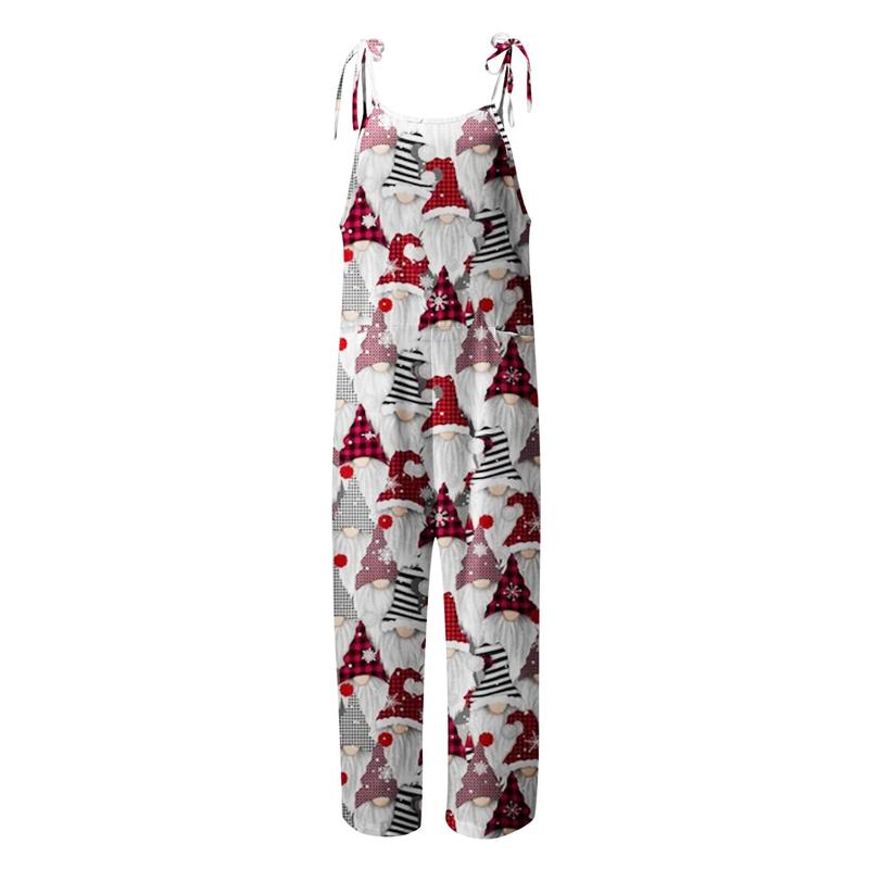 Women's Christmas Snowman Print Adjustable Strap Jumpsuit Wide Leg Rompers Loose Casual Bib Overalls Strappy Dungarees Onesie